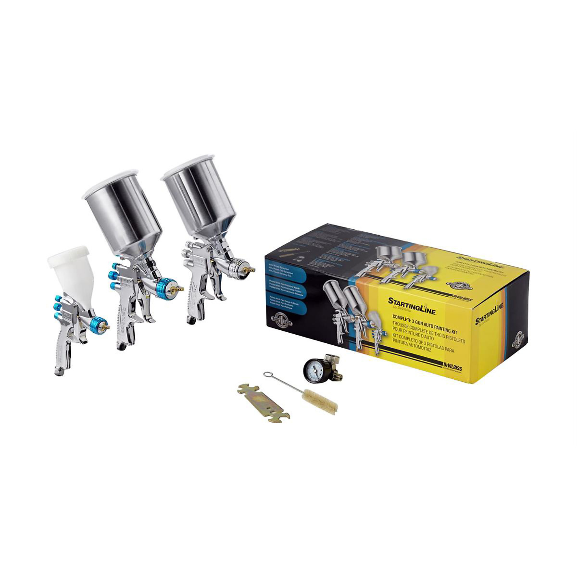 DeVilbiss StartingLine 3-Gun Kit — 1.3mm, 1.8mm, 1.0mm Fluid Tips, Air Adjusting Valve, Gauge, Model# DEV802789